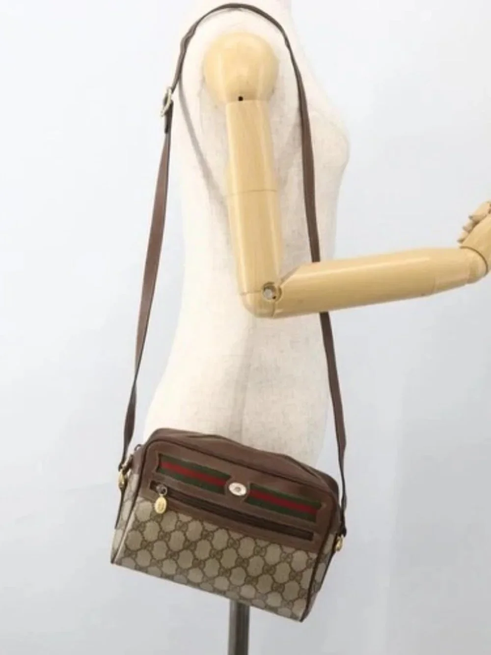 GUCCI GG Supreme Web Sherry Line Bag PVC Beige Gold 001 115 6655 Auth BAZ128